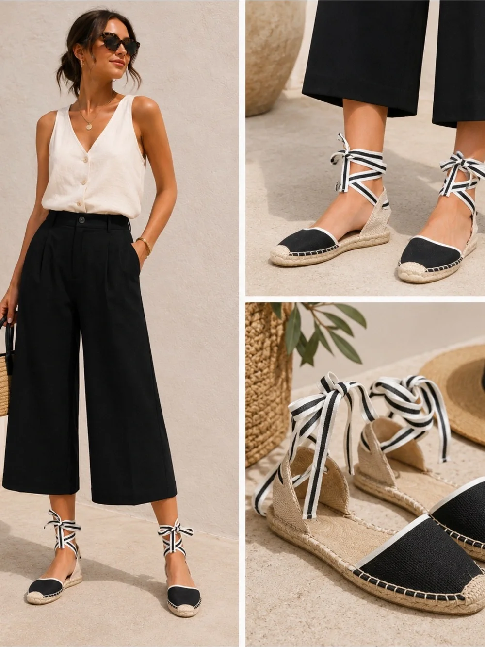 SOLUDOS Lauren Lace Up Espadrille Sandals Ankle Wrap Black Linen Women's. Size 7